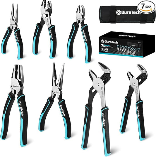 DURATECH 7-Piece Pliers Set with Rolling Pouch, Premium Cr-Ni Construction (10", 8" Groove Joint Pliers, 8", 6" Long Needle Nose, 8" Linesman, 6" Slip Joint, 6" Diagonal) for Basic Repair