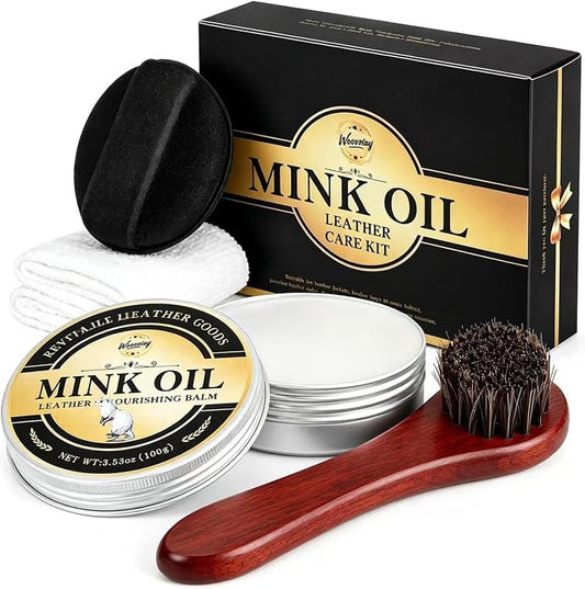 4-in-1Mink Oil Leather Conditioner and Cleaner, 3.52 oz Premium Waterproof Paste for Boots and Shoes, Leather Care Kit With Horsehair Brush, Sponge & Microfiber Cloth, Restore for Jackets Saddles Bags