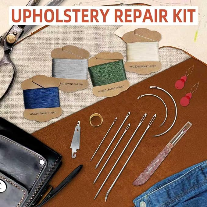 Upholstery Repair Kit: Extra Strong Waxed Sewing Thread 2Rolls (Gray Color) &Heavy Duty Household Hand Needles (7 PCS) for Leather, Canvas, Bookbinding & Quilting Thread