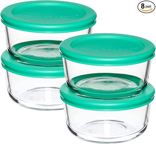 Anchor Hocking 2 Cup Glass Storage Containers with Lids, Set of 4 Glass Food Storage Containers with Mint SnugFit Lids