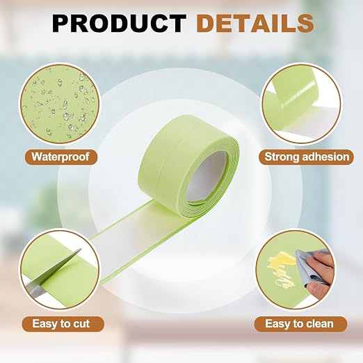 uxcell Caulk Tape Waterproof, 0.83 Inch x 3.28 ft Self-Adhesive Sealant Sealing Strip Caulking Sealant Tape PVC with Tool for Kitchen Sink Toilet Bathroom Bathtub Floor, Green