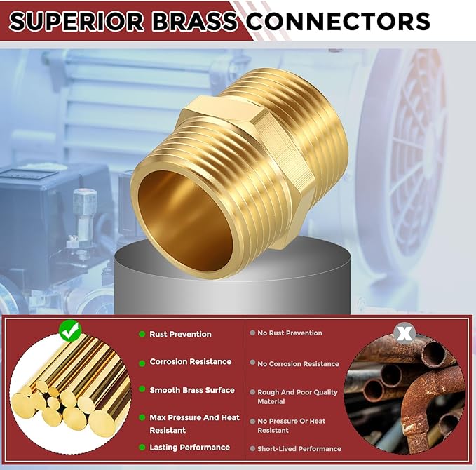 Pack of 1, 1" Male NPT to 1" Male NPT Solid Brass Hex Nipple Hose Connectors, Male Pipe Adapter for Pipe Leak Repair, Bathroom Remodeling, Tool Extensions, Compression