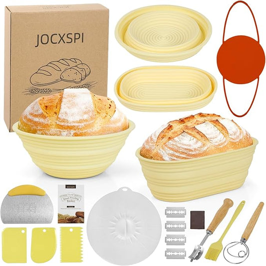 JOCXSPI Silicone Sourdough Starter Kit, Upgraded & Thickened 9" Round & 10" Oval Banneton Bread Proofing Basket, Foldable, Non-Stick Sourdough Basket with Bread Sling & Baking Supplies Tools