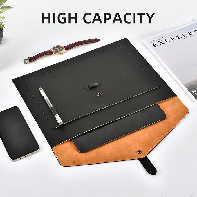 Black PU Leather File Folder, Snap Closure File Organizer, Important Document Folder with Pockets, Document Organizer, Laptop Sleeve Notebook Case, A4 Envelopes Filing Folder 3PCS