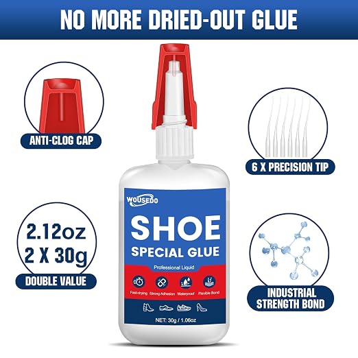 WOUSEDO Shoe Glue 2 x 30g, Flexible & Waterproof Instant Adhesive | Quick Dry in Seconds, Heavy Duty Clear Glue for Sole Repair on Sneakers, Boots, Heels, Hiking Shoes, Leather & Rubber