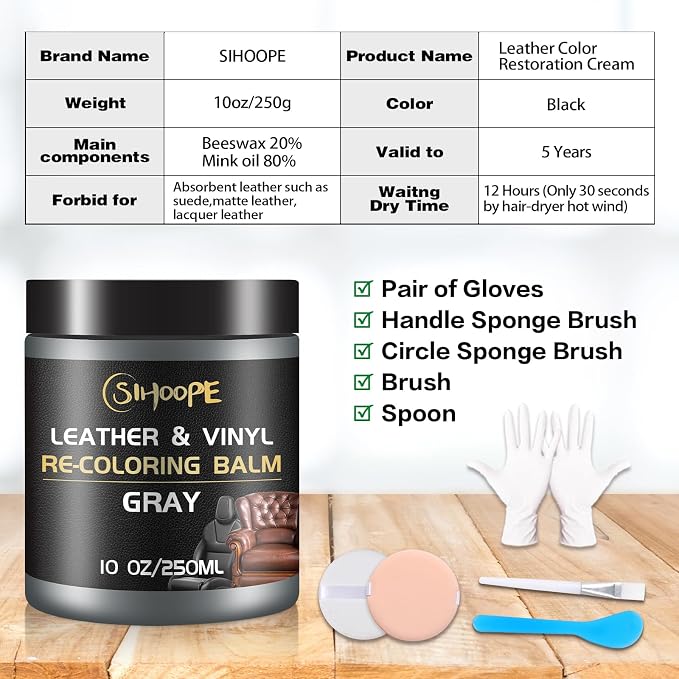 Gray Leather Recoloring Balm, Leather Repair Kit for Furniture,Leather Dye Couch Paint and Repair,Leather Scratch Remover,Leather Color Restorer for Couches Car Seats Purses Shoes