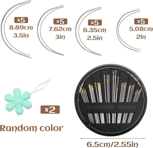 Premium Curved Leather Needles Kit - Assorted Sharp Needles (4 Sizes) with Threaders for Leather Repair & Art Crafts