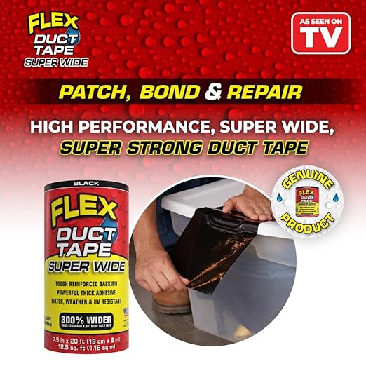 Flex Duct Tape, Super Wide, 7.5 Inches x 20 Feet, Black, Heavy Duty Strong, Multi-Surface, Water, Weather and UV Resistant, Tearable, Perfect for Boxes, No Residue