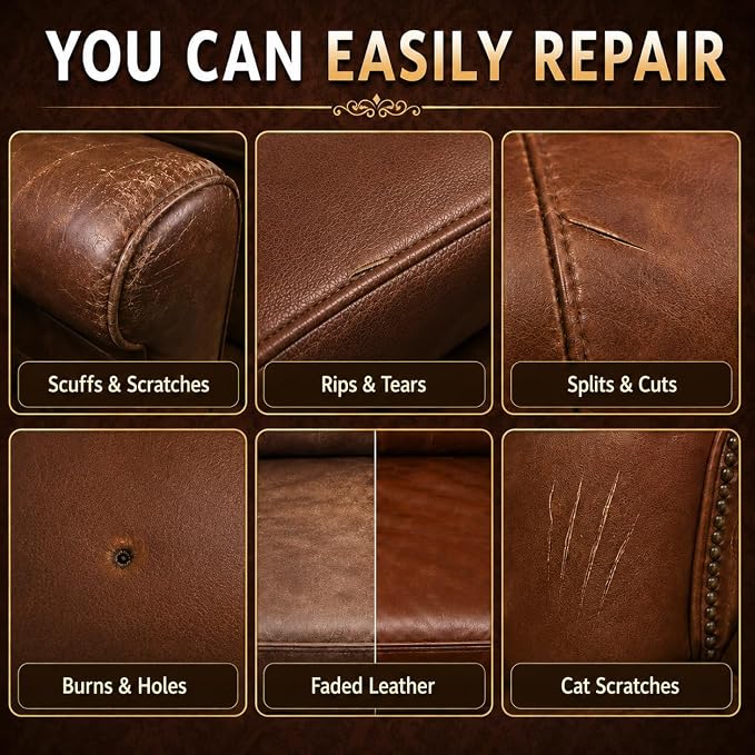Vigorder Brown Leather Repair Kit for Furniture, Leather Couch Repair Kit for Sofa, Car Seats, Jacket and Purse, Fix Scratches, Tears, Holes, Cracks and Peeling with Easy Instructions