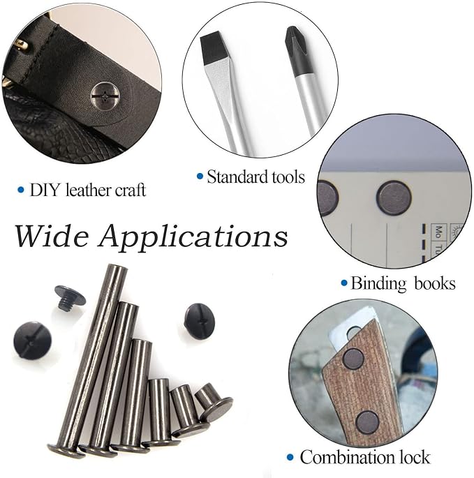 100 Pcs (50 Pair) Gun Black Phillips Chicago Binding Screws Assorted Kits,6 Sizes of Flat Head Rivet Hollow Binding Screws Posts, for Leather Saddles Purses Belt Repair（M5x5/10/15/25/35/45）
