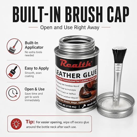 Realth Leather Adhesive Glue 4 oz Can, Heavy Duty Contact Cement - 2 Pack | Fast Drying Flexible Bond for Shoe Repair, Upholstery, Automotive Interior, Leather Craft, Fabric, Rubber & DIY Repairs