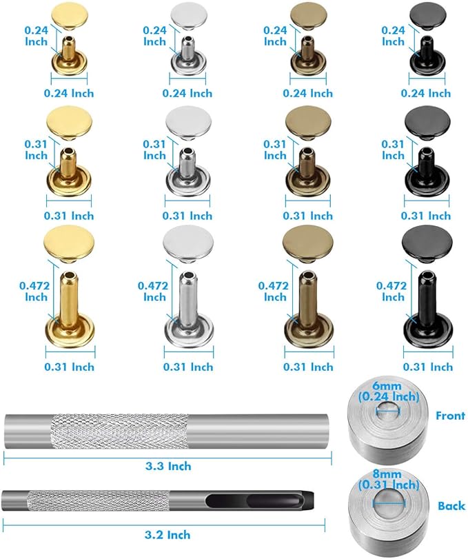 Paxcoo 480 Sets 3 Sizes Leather Rivets Double Cap Rivet Tubular Metal Studs with 3 Pieces Setting Tool Kit for Leather Craft Repairs Decoration, 4 Colors