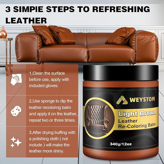 Leather Recoloring Balm, 12oz Large Size Leather Dye, Color Restorer, Scratch Repair, Furniture & Couch Restorer Kit, Repair Kit for Furniture(Light Brown)