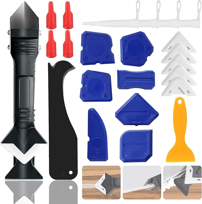 Caulking Tool Kit,Caulk Remover Tool,3 in 1Silicone Caulking Tool Kit, Grout Scraper, Reuse and Replace 5 Silicone Pads, Bathroom, Kitchen, Floor, Window, Sink Joint, Frames Seal Tools (23 PCS)