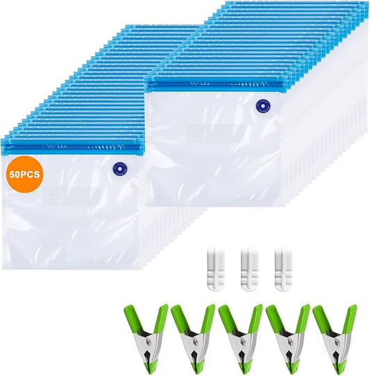 MEGAWISE Reusable Sous Vide Bags 58Pcs BPA-Free, 1.4L Vacuum Sealer Bags for Cooking & Microwave, 50 Zipper Bags, 3 Seal Clips ＆ 5 Cooking Clips, Heat-Resistant & Leakproof (8.5x8.5in)