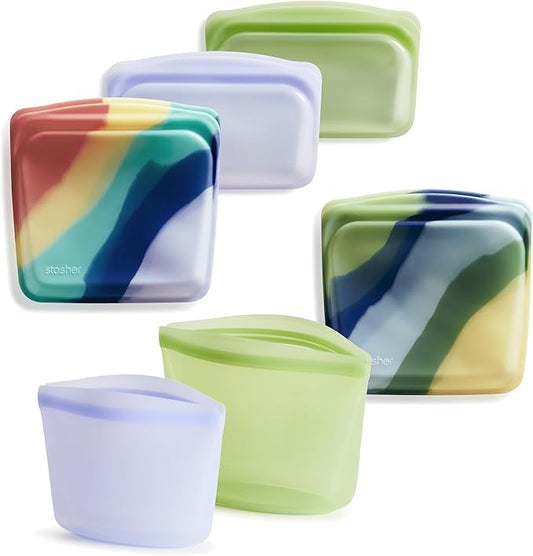 Stasher Silicone Reusable Food Storage Bags, 6-Pack, Reusable Freezer Bags, Microwave, Dishwasher, Oven Safe, Sous Vide, Lunch Containers, Eco Friendly, Food-safe Silicone Snack Bag, Multicolor | Reusable Food Bags
