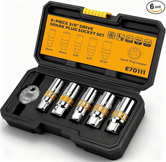 ELEAD 6-Piece 3/8" Drive Spark Plug Socket Set with Spark Plug Gapper, SAE & Metric, 5/8", 3/4", 13/16", 14mm, 18mm, CR-V Sockets with Rubber Holding Rings