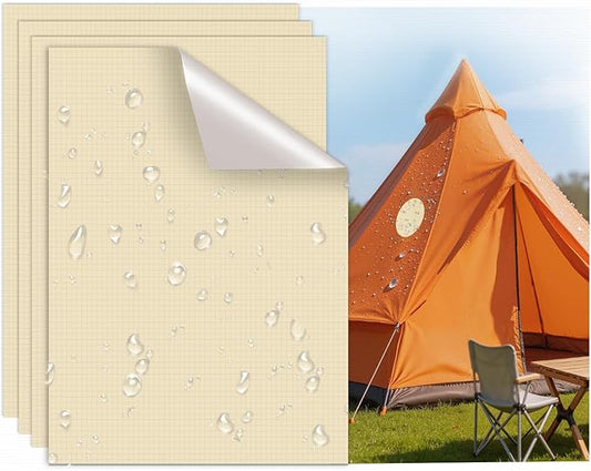 Waterproof Nylon Fabric Repair Tape Tent Repair Kit, 4pcs Outdoor Gear Tenacious Fix Tape, Self-Adhesive Fabric Patches for Clothes, Down Puffer Jacket, Tent, Sleeping Bag, Backpack, Beige