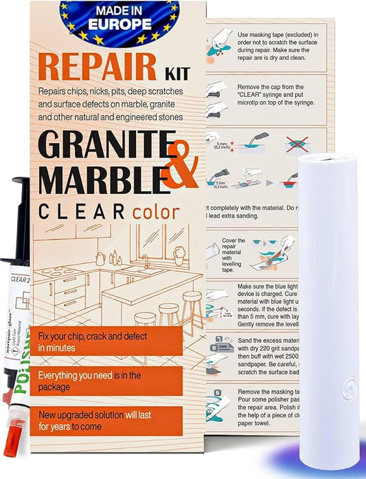 Granite Countertop Repair Kit (Clear Color + Polisher) - Made by Engineers I Also for Marble, Quartz, Acrylic, Fiberglass, Porcelain, Tile & Ceramic Surfaces I Easy Process & Quick Results