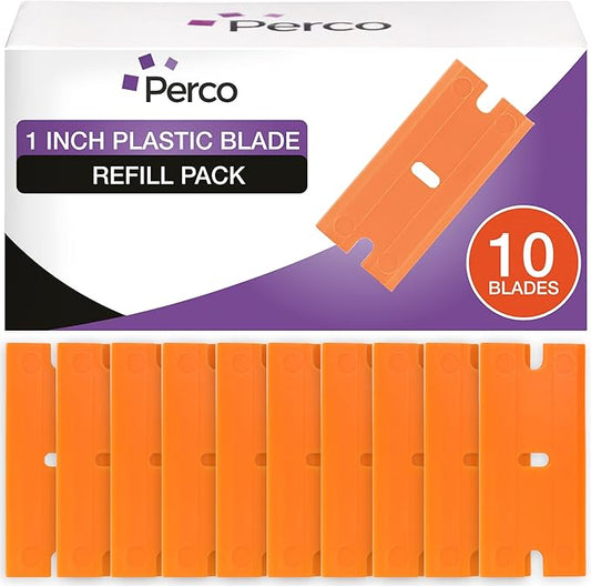 Perco Plastic Scraper Blade Refills - Durable, Rust-Free Double-Edged 1.5" Non-Scratch Razor Blades for Decals, Adhesives, Vinyl & More – Ideal for Cars, Glass & Delicate Surfaces - 10 Blades Per Box