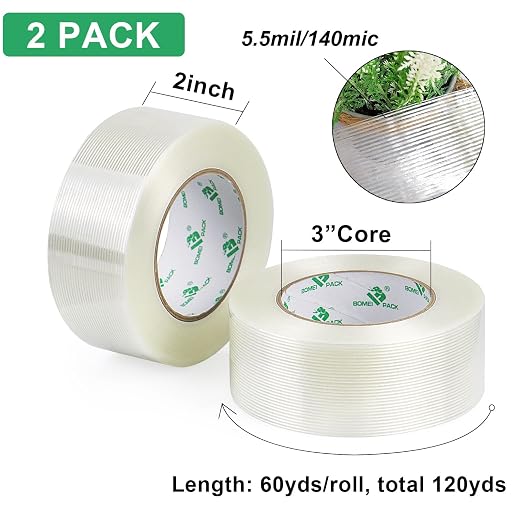 BOMEI PACK Filament Strapping Tape, 5.3 Mil 2 Inch x 60 Yards, Heavy Duty Reinforced Fiberglass Packing Tape, 2 Pack