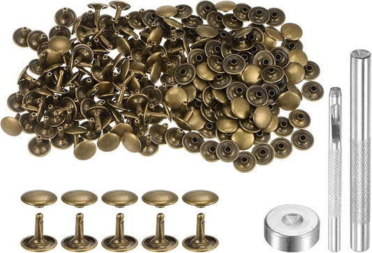 HARFINGTON 100 Sets Leather Rivets 12 x 12mm Metal Double Cap Rivet Snaps Studs Fasteners with 3pcs Setting Tools for Leather Craft DIY Repair Decoration, Bronze