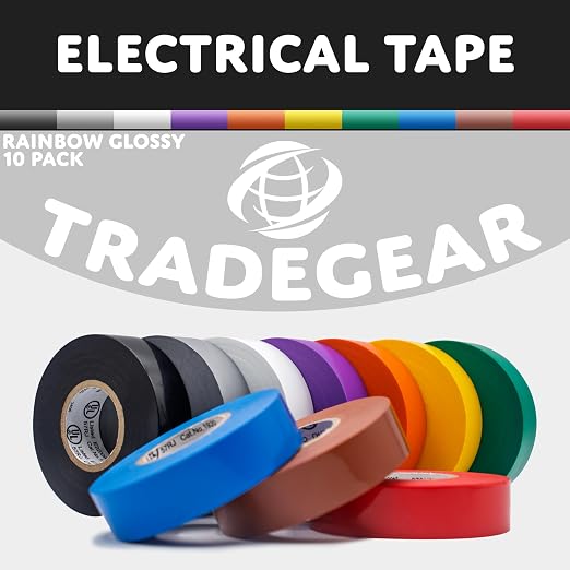 TradeGear Rainbow Glossy 10 Pack - UL Listed Colored Electrical Tape, 60 ft x 3/4 in, 600V, Flame Retardant, Waterproof, Rubber Adhesive - Phase Marking & Wire ID Kit