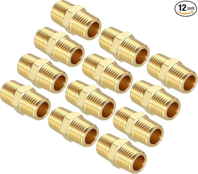 Pack of 12, 1/4" NPT Male to 1/4" NPT Male Solid Brass Hex Nipple Hose Connectors, Male Pipe Adapter for Pipe Leak Repair, Bathroom Remodeling, Tool Extensions, Compression