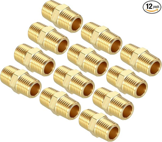 Pack of 12, 1/4" NPT Male to 1/4" NPT Male Solid Brass Hex Nipple Hose Connectors, Male Pipe Adapter for Pipe Leak Repair, Bathroom Remodeling, Tool Extensions, Compression