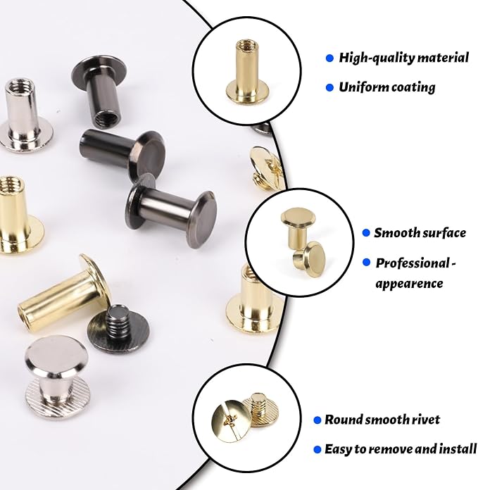 110 Sets Chicago Screws Leather Rivets Kit, 6 Sizes (M5*4,5,6,8,10,12) Assorted Binding Screws with Rubber Hammer & Full Installation Tools for On-the-Go Leather Craft, Bookbinding (Black & Gold)