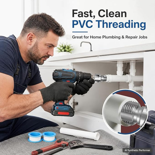 PVC Pipe Threader Kit, Internal And External Threading Tool For 1/2 3/4 1 Inch Plastic Pipes, Drill Compatible Pipe Thread Cutting Tool Set With 3 Hex Adapters, Gloves And Thread Seal Tape
