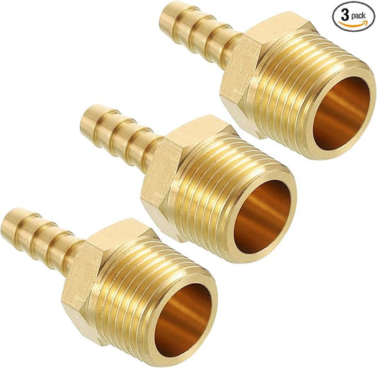 Pack of 3 Brass Hose Barb Fittings Adapter Connector 1/4" Hose Barb to 3/8" NPT Male Fittings for Home Machines, Massage Bathtubs, and Irrigation Systems
