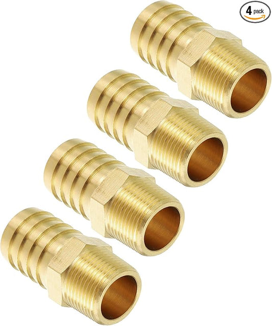 Pack of 4 Brass Hose Barbs Fittings 1" Hose Barbs to 1/2" NPT Male Fittings for Home Machines, Massage Bathtubs, and Irrigation Systems