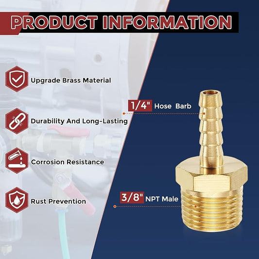Pack of 25 Brass Hose Barb Fittings 1/4" Hose Barb to 3/8" NPT Male Fittings