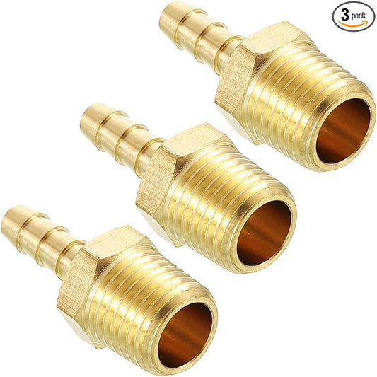 Pack of 3 Brass Hose Barb Fittings Adapter Connector 3/16" Hose Barb to 1/4" NPT Male Fittings for Home Machines, Massage Bathtubs, and Irrigation Systems