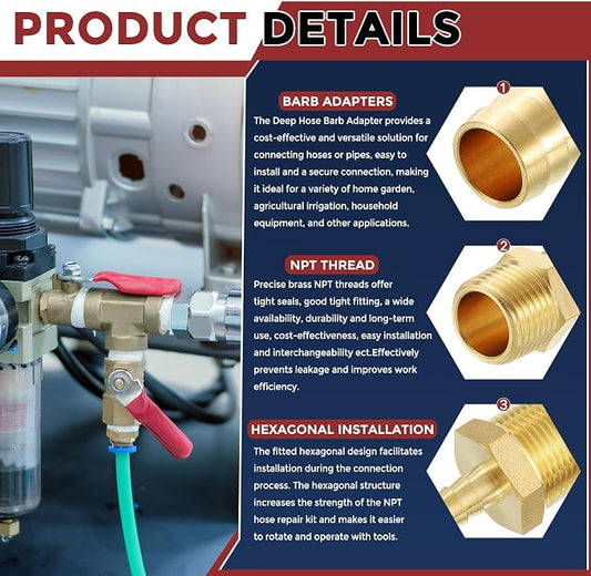 Pack of 1 Brass Hose Barb Fittings Adapter Connector 1/8" Hose Barb to 1/4" NPT Male Fittings for Home Machines, Massage Bathtubs, and Irrigation Systems