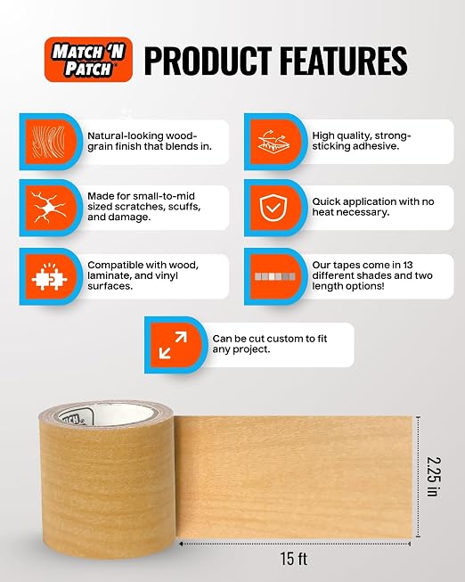 MATCH 'N PATCH Wood Grain Repair Tape - Honey Maple, 2.25 in x 15 ft (1-Pack) – Wood Grain Colored Duct Tape for Mirror Frame, Trim, Borders, Floor and Other Furniture, Scratch Repair Kit