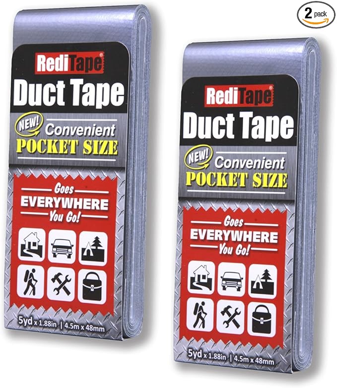 Travel Size Pocket Duct Tape 2-Pack – Compact Flat Small Mini Rolls - for Repairs Camping Emergency Gear EDC DIY Crafts - 1.88 inch x 5 Yards per Pack (Twin Silver)