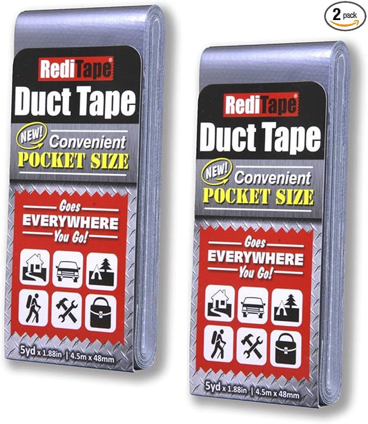 Travel Size Pocket Duct Tape 2-Pack – Compact Flat Small Mini Rolls - for Repairs Camping Emergency Gear EDC DIY Crafts - 1.88 inch x 5 Yards per Pack (Twin Silver)