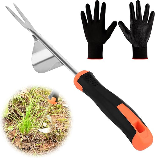 BokingOne Hand Weeder Tool - V-Shaped Stainless Durable Unique Lever Design Weed Puller Tool with Anti-Slip Rubberized Handle for Effortless Dandelion Their Roots & Weed Removal.