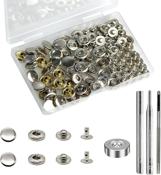 BetterJonny 24 Sets Heavy Duty Leather Snap Fasteners Kit, 12.5mm Metal Snap Buttons Press Studs Leather Rivets Snaps with 4 Setter Tools for Clothes Bracelet Jackets Jeans Silver