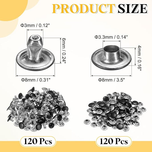 uxcell 120 Sets Leather Rivets, 8mm Double Cap Rivets, 6mm Height Tubular Metal Studs for Leather Craft Repair and Decoration DIY Clothes, Shoes, Bags, Belts, Matt Black