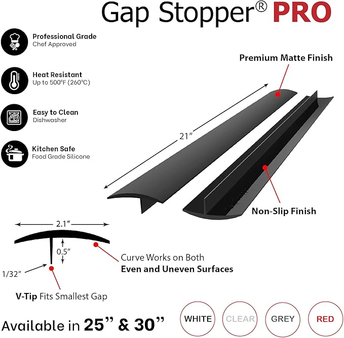 Gap Stopper® Pro - 21" Black, Professional Grade, FDA Heavy 8.6 oz Silicone, Set of 2, Covers Gap between Stove & Countertops