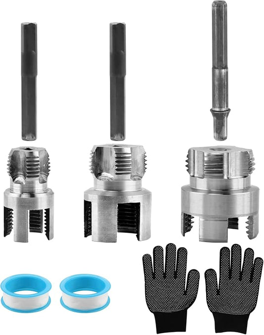PVC Pipe Threading Tool Kit, 10Pcs Dual Internal & External Pipe Threader Set for 1/2", 3/4" & 1" Plastic Pipes, Carbon Steel Drill-Powered Tapping Tool for Plumbing, Irrigation & Home Repair