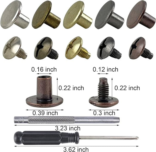 YORANYO 125 Sets Mixed Colors Round Flat Head Chicago Screws for Leather Crafting - Rivet Kit for Clothing, Shoes, Belts, Bags - 25/64 Inch Button Studs