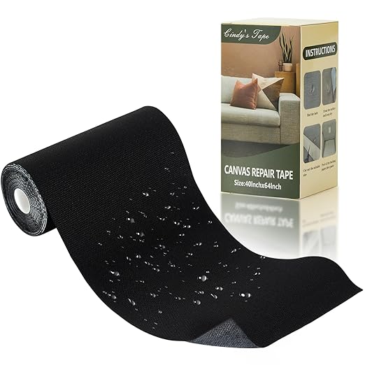 Linen Canvas Repair Tape, 4 x 63” Black Waterproof Self-Adhesive Fabric Patch, Durable Weatherproof Tape for Outdoor Gear, Boat Covers, Tents, Couch, Sofa, Sun Shades, Awnings & Lounge Chairs