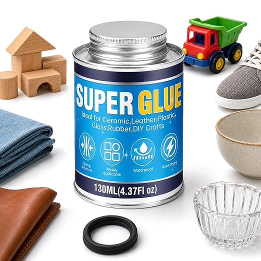 Super Glue, 4.37 Fl OZ All-Purpose Strong Adhesive for Plastic, Metal, Ceramic, Leather, Wood, Fast-Drying Cyanoacrylate Glue with Brush Applicator for DIY and Household Repairs, Long-Lasting Bond