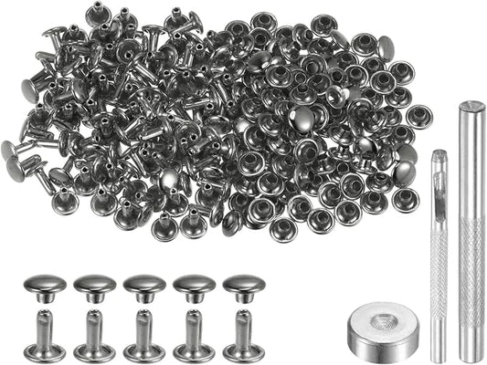 HARFINGTON 100 Sets Leather Rivets 8 x 7mm Metal Double Cap Rivet Snaps Studs Fasteners with 3pcs Setting Tools Rivets for Leather Craft DIY Repair Decoration, Gunmetal