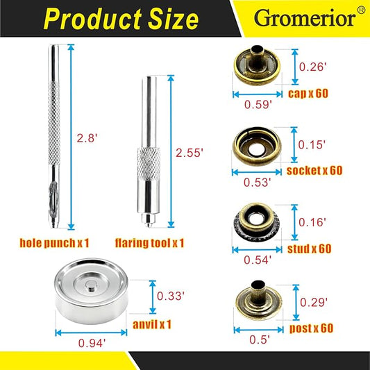 Premium 60 Sets(240pcs) 15mm Snap Button Kit, Marine Grade Stainless Steel Canvas Snap Kit with 3 Setting Tools, Heavy Duty Snap Fastener Kit for Fabric Leather Furniture Repairs DIY Projects