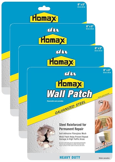 Homax Wall Patch, Galvanized Steel, 8"x8", Heavy Duty Patch, Repairing Drywall Holes (Pack of 4)